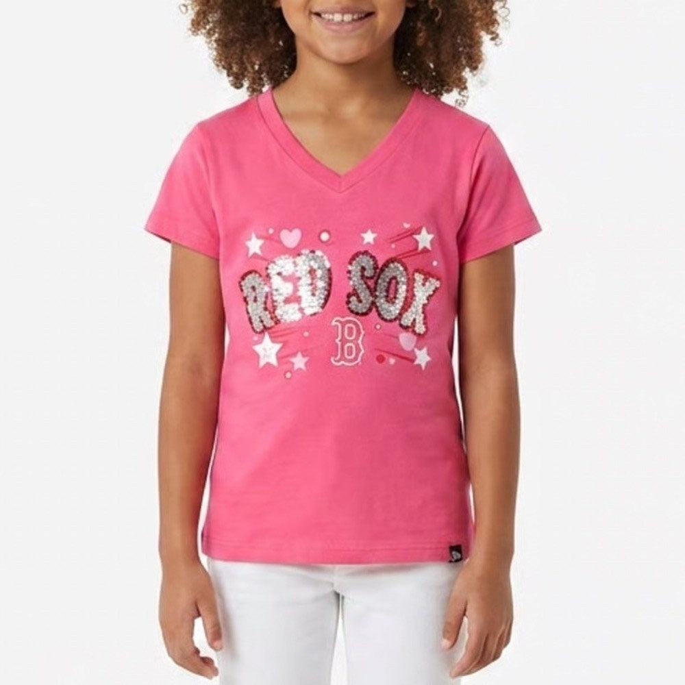 New Era Boston Red Sox Girls Pink Sequin V-Neck Graphic Tee Shirt Size 7/8 NEW