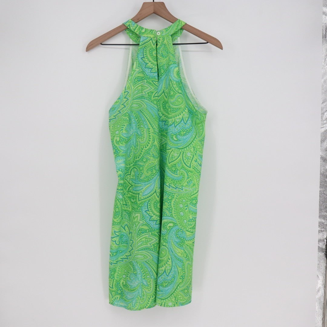 Midi Dress Womens Medium Green Blue Paisley Print Halter Neck Sleeveless