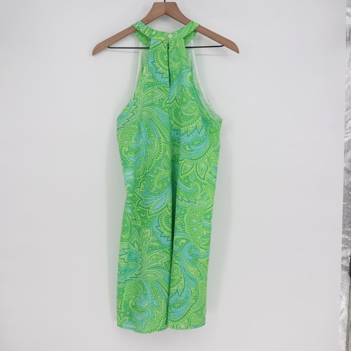 Midi Dress Womens Medium Green Blue Paisley Print Halter Neck Sleeveless