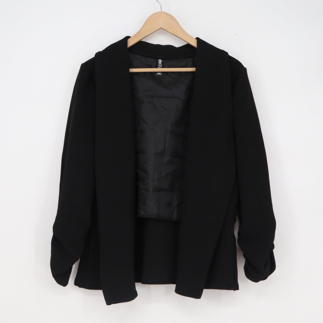 Lock and Love Womens XXL Black Open Front Draped Blazer Ruched 3/4 Sleeve