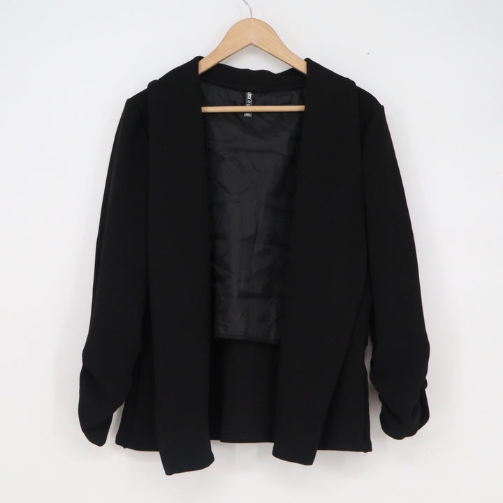 Lock and Love Womens XXL Black Open Front Draped Blazer Ruched 3/4 Sleeve
