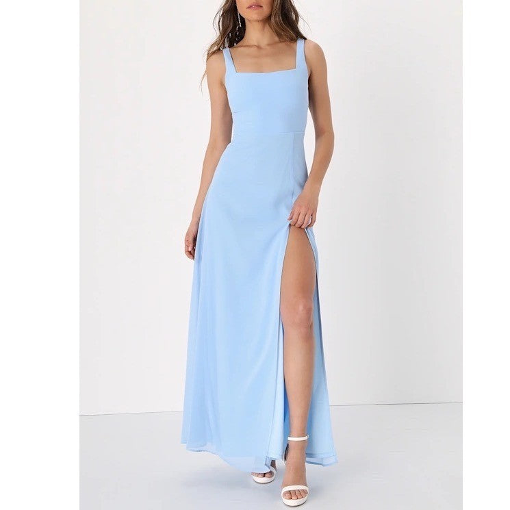 Lulus Light Blue Chiffon Square Neck Maxi Dress Sleeveless Side Slit Size XL