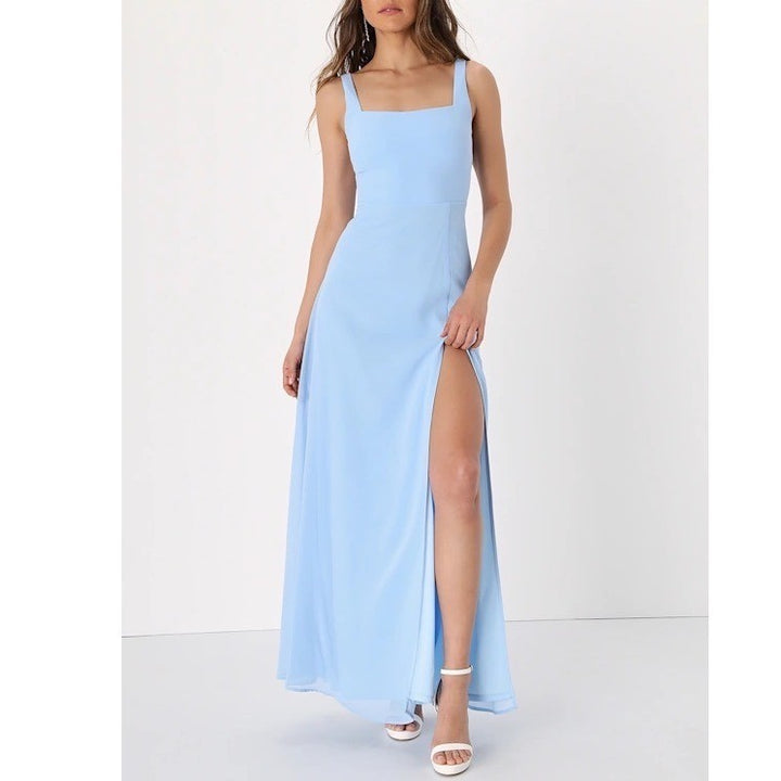 Lulus Light Blue Chiffon Square Neck Maxi Dress Sleeveless Side Slit Size XL