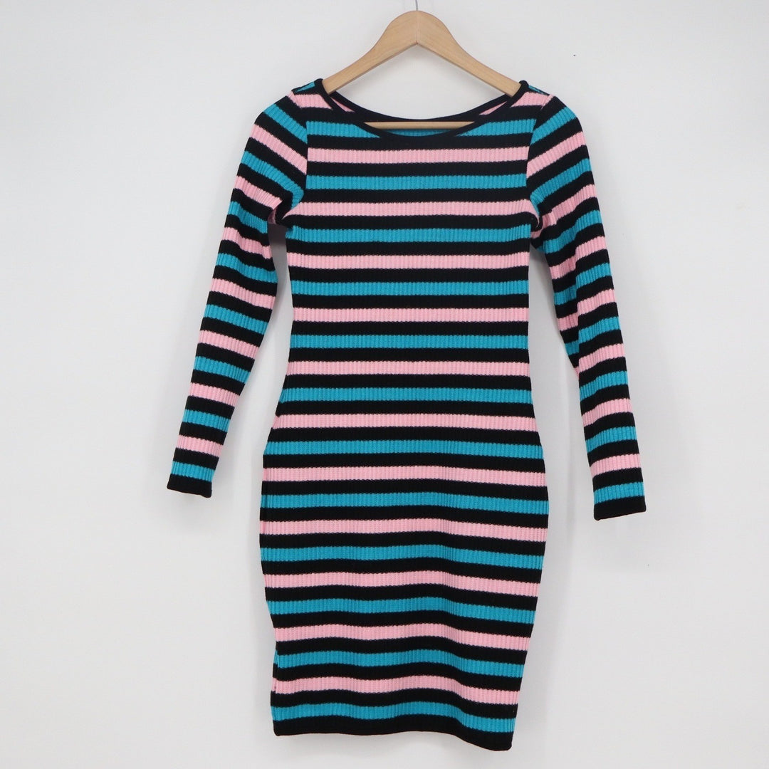Pink Blue Black Striped Ribbed Knit Long Sleeve Bodycon Mini Dress Size Medium