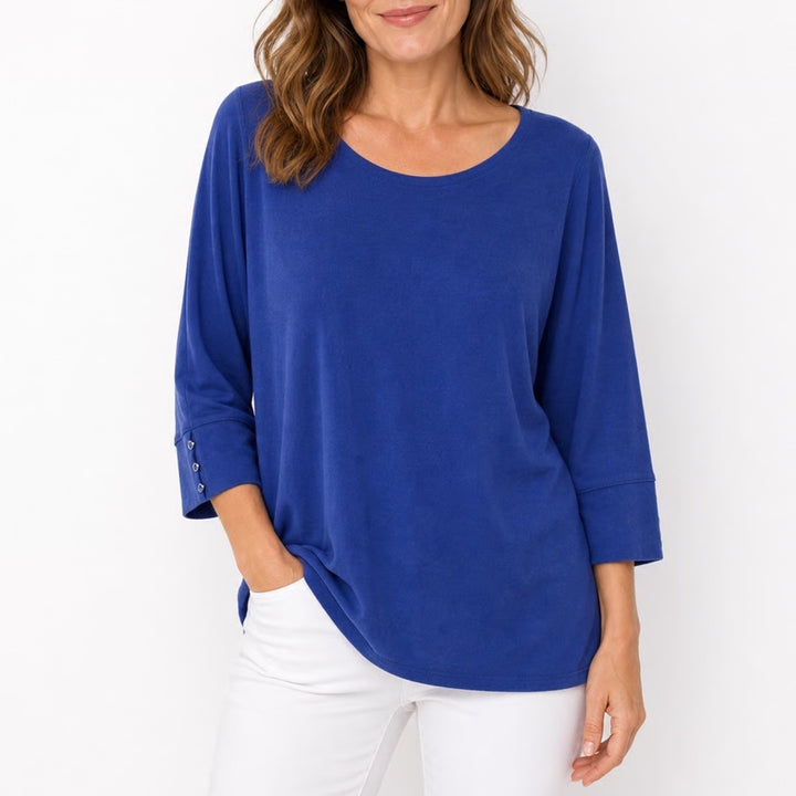 Chicos Travelers Blue 3/4 Sleeve Scoop Neck Button Cuff Top Size 3 XL 16/18