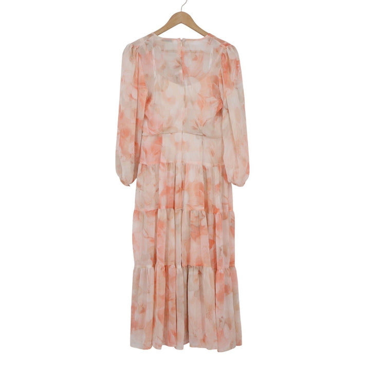 Calvin Klein Womens Peach Floral Tiered Maxi Dress Chiffon Long Sleeve Size 4