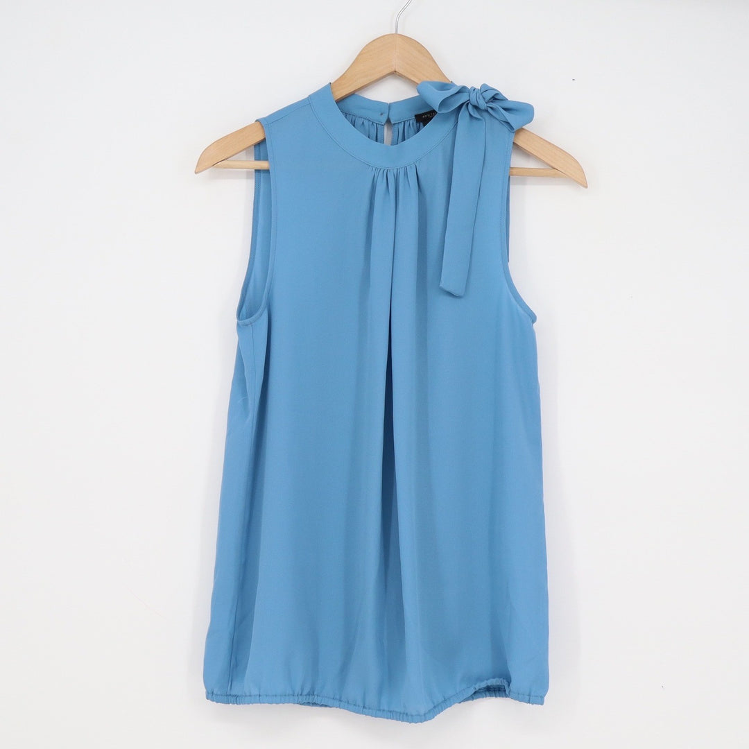 Ann Taylor Factory Blue Sleeveless Tie Neck Pleated Bubble Hem Blouse Small