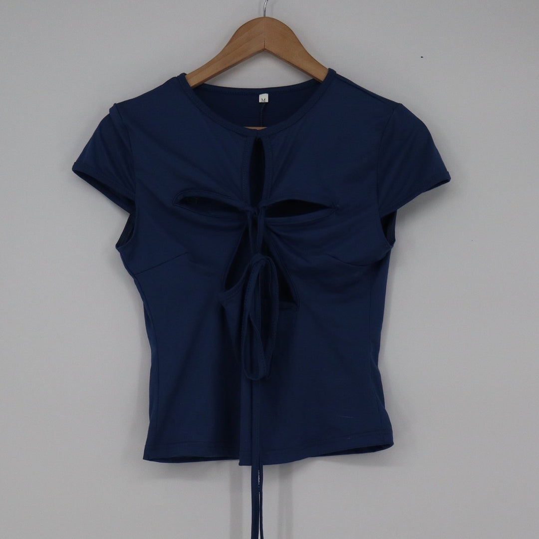 Navy Blue Cutout Front Tie Short Sleeve Top Slim Fit Jersey Shirt Medium
