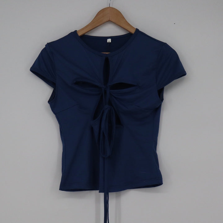 Navy Blue Cutout Front Tie Short Sleeve Top Slim Fit Jersey Shirt Medium