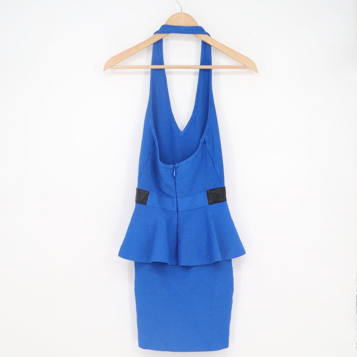 Bebe Royal Blue Peplum Halter Mini Dress Faux Leather Trim Front Zip XS
