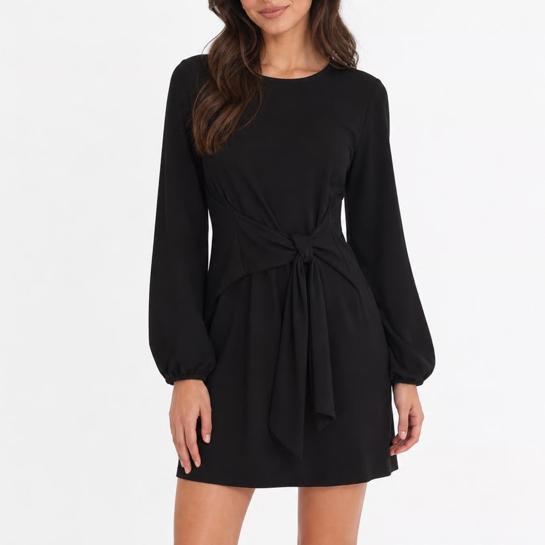 PrettyGarden Black Long Sleeve Tie Waist Mini Dress Size M Round Neck
