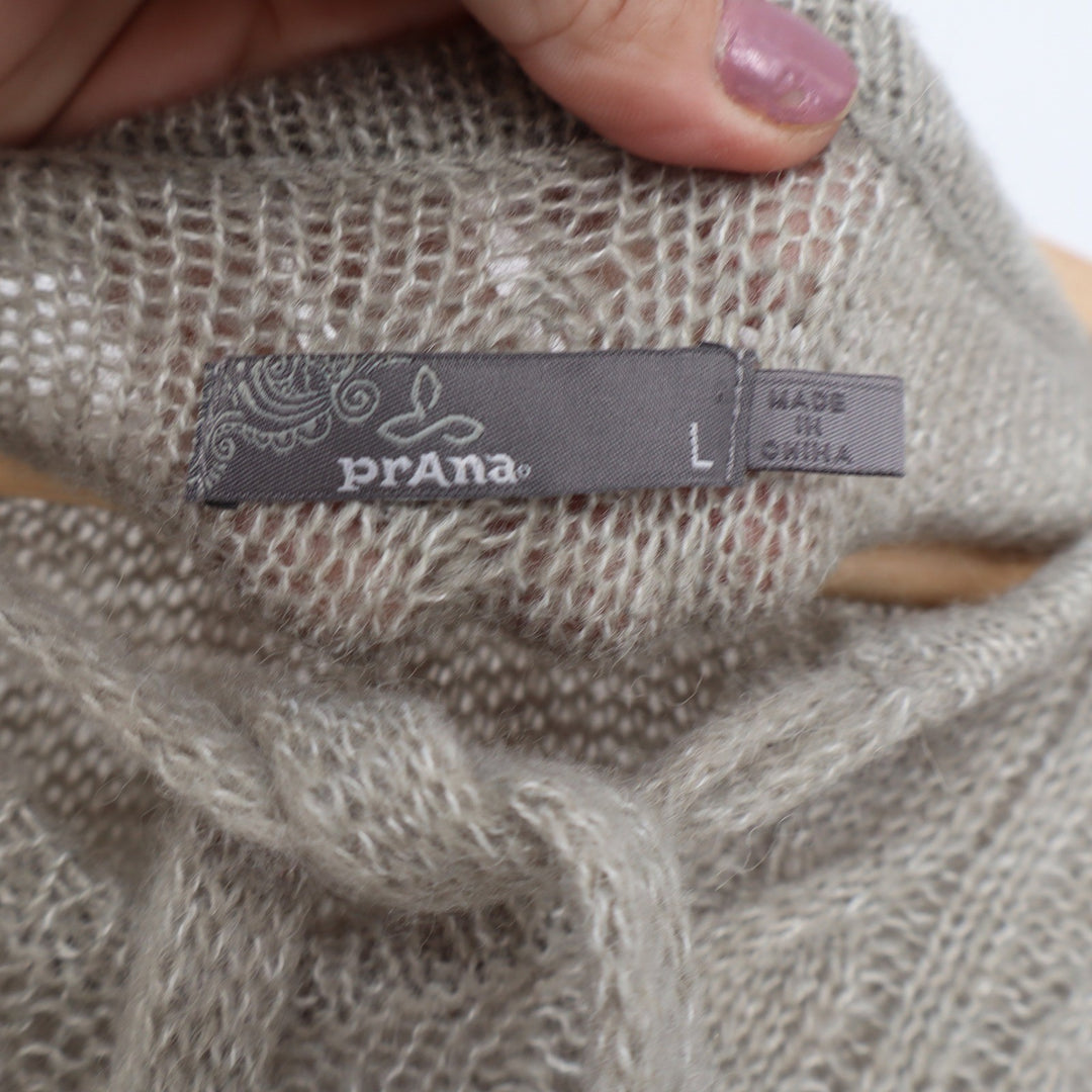 Prana Womens Oatmeal Beige Cable Knit Wool Blend Fringe Cardigan Sweater Size L