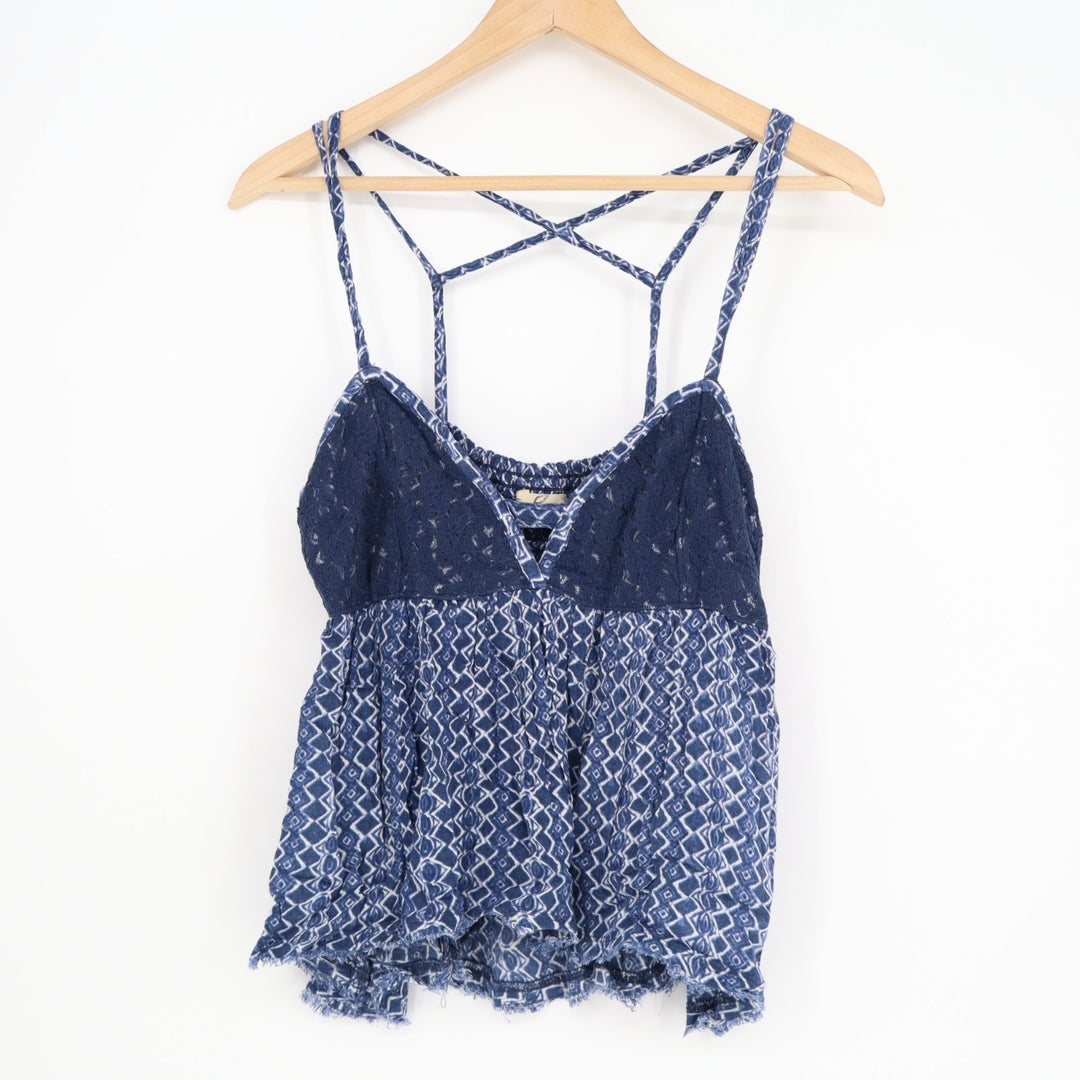 Hollister Cami Top Womens M Blue Viscose Smocked Back Raw Hem Spaghetti Strap
