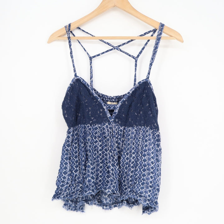 Hollister Cami Top Womens M Blue Viscose Smocked Back Raw Hem Spaghetti Strap