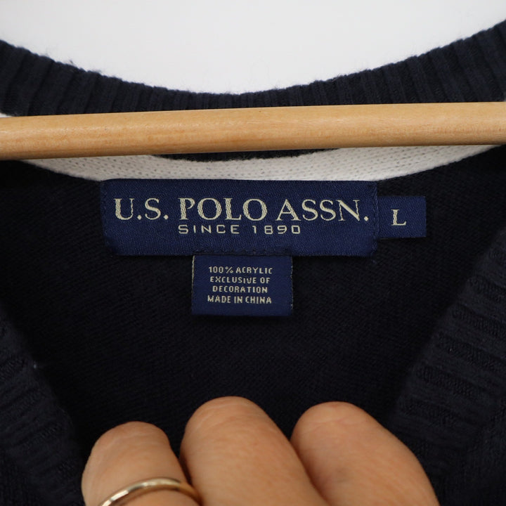 US Polo Assn Mens V Neck Sweater Navy Blue Large Embroidered Logo Acrylic Knit