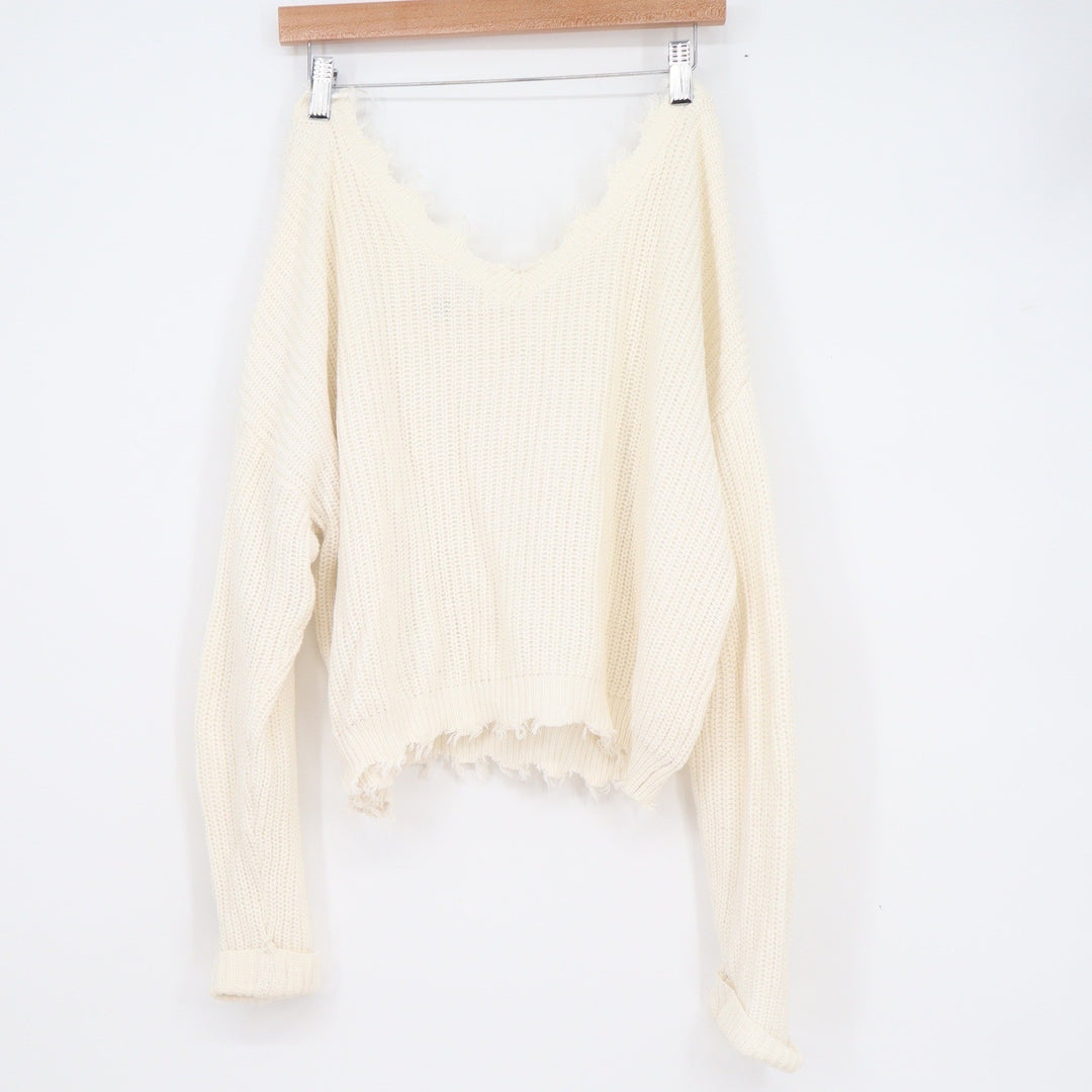 Jessica Simpson Womens XL Cream Cotton Distressed V-Neck Shaker Knit Sweater