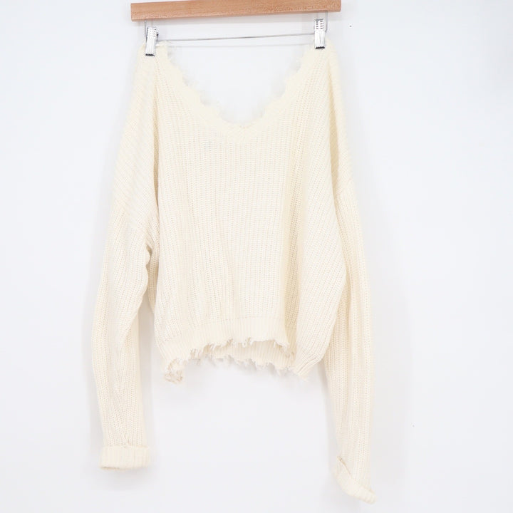 Jessica Simpson Womens XL Cream Cotton Distressed V-Neck Shaker Knit Sweater