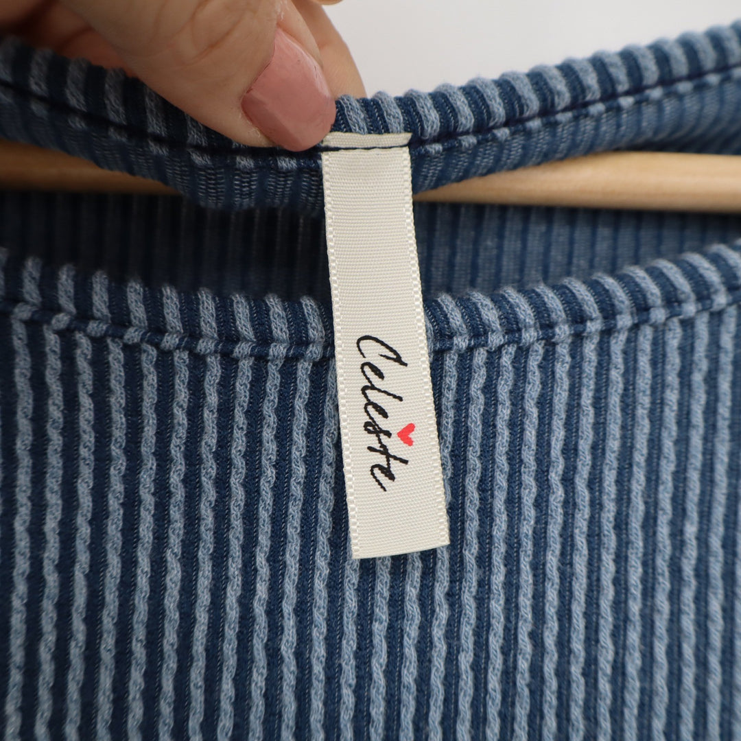 Celeste Blue Striped Ribbed Knit T-Shirt Dress Medium Pocket Shift USA