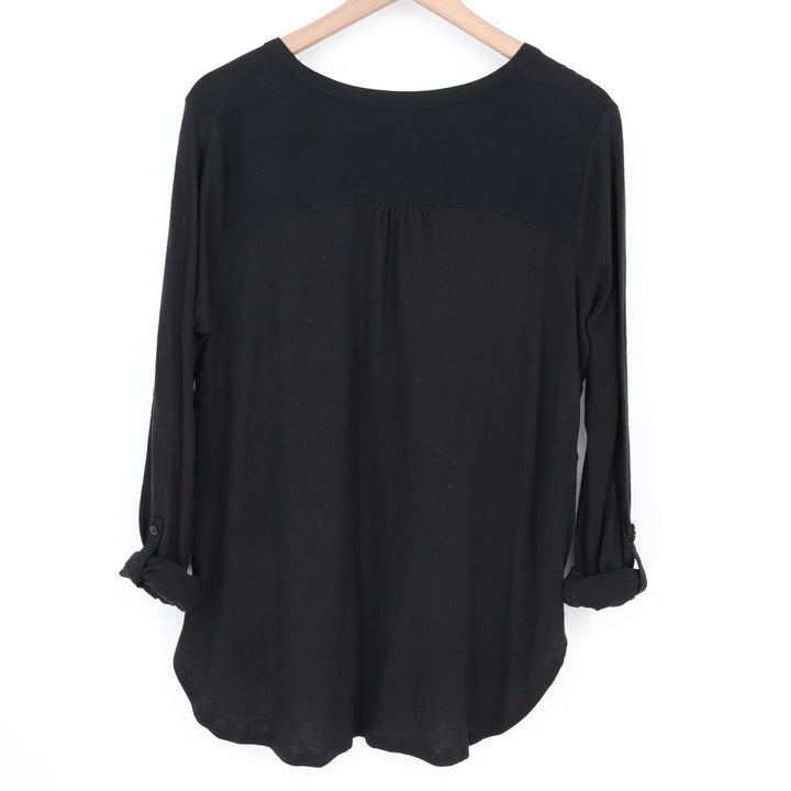 Merona Tunic Top Womens L Black Button Split Neck Roll Tab Sleeve Front Pocket