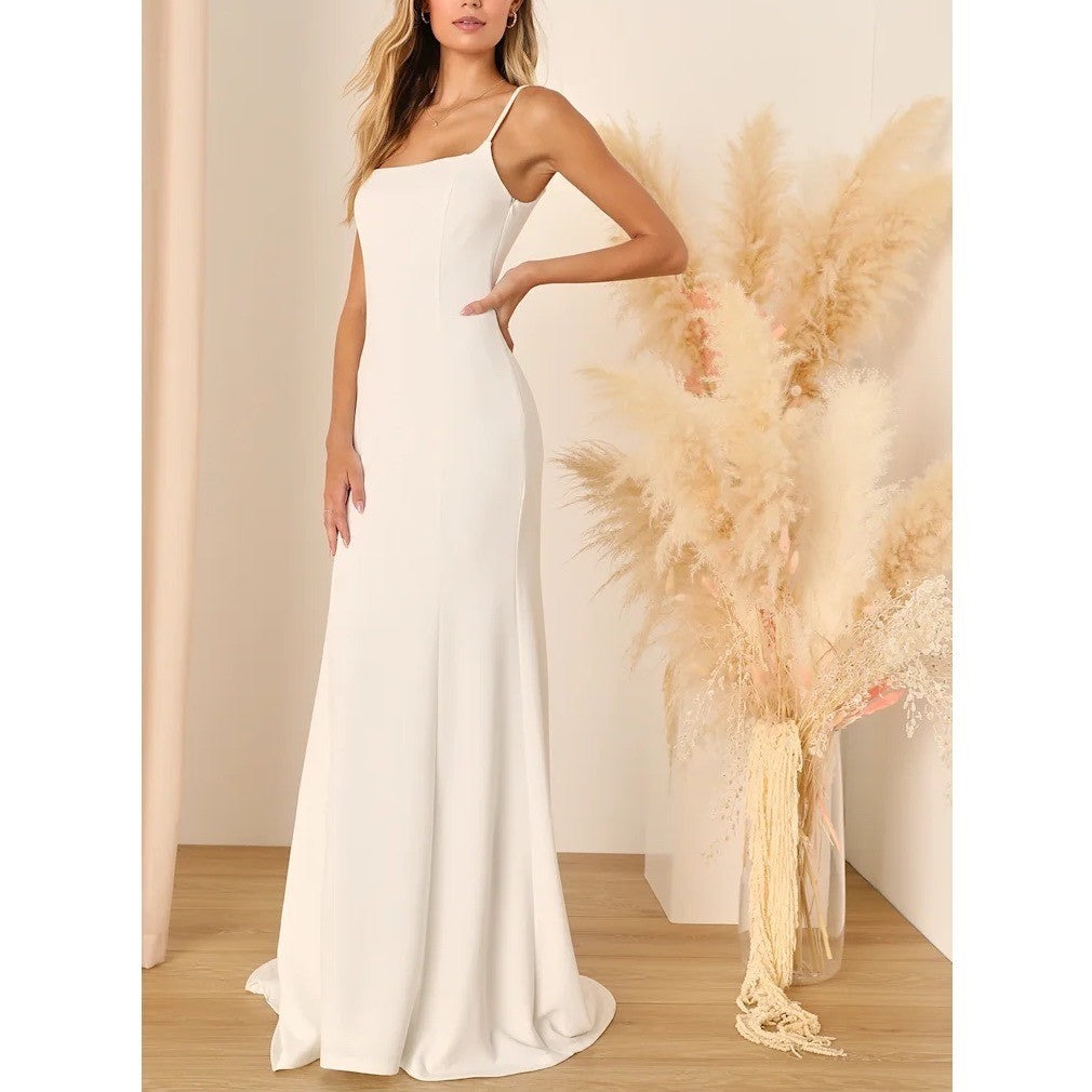 Lulus Blessed Romance Maxi Dress Womens M White Sleeveless Button Back Mermaid