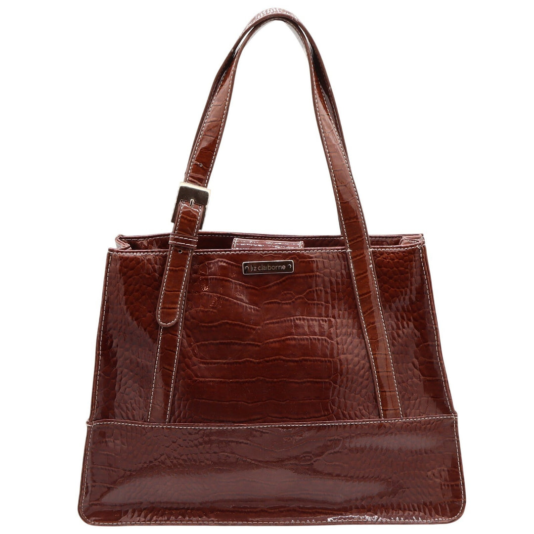 Liz Claiborne Tote Bag Women's Large Croc Embossed Brown Patent Faux Leather