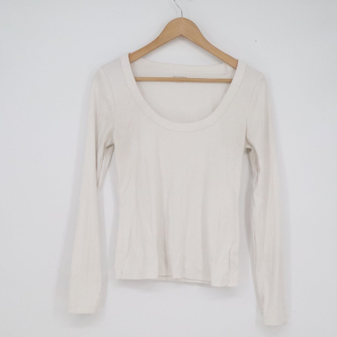 Old Navy Snug Ribbed Scoop Neck Long Sleeve Top White Cream Women's Medium