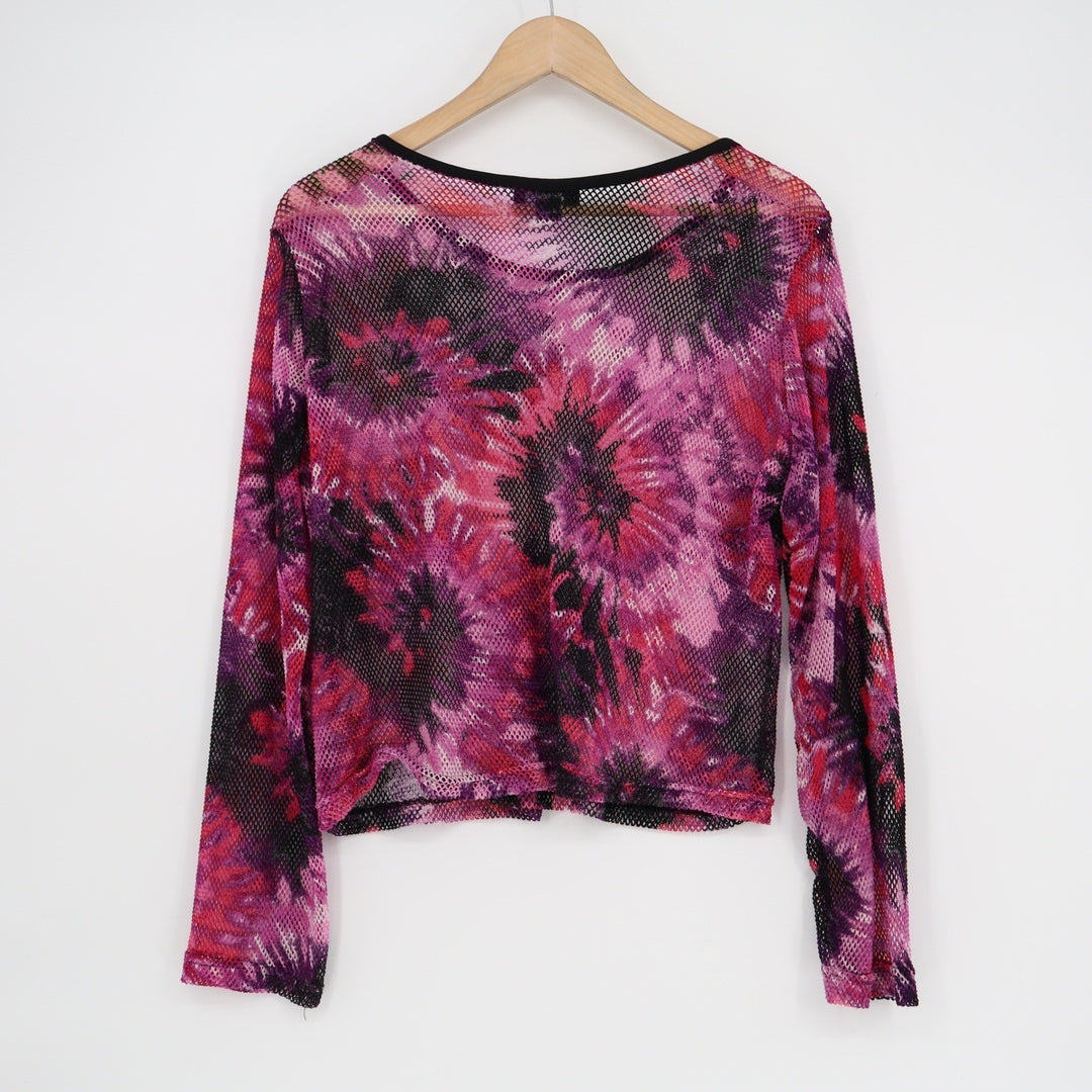 Rouge Collection Womens 1X Pink Purple Tie Dye Floral Sheer Mesh Long Sleeve Top