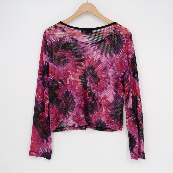 Rouge Collection Womens 1X Pink Purple Tie Dye Floral Sheer Mesh Long Sleeve Top