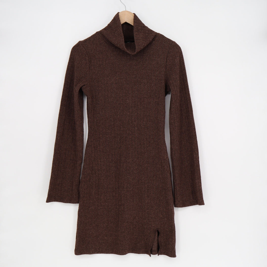 Gina Tricot Brown Turtleneck Ribbed Knit Mini Dress XS Long Bell Sleeve Slit