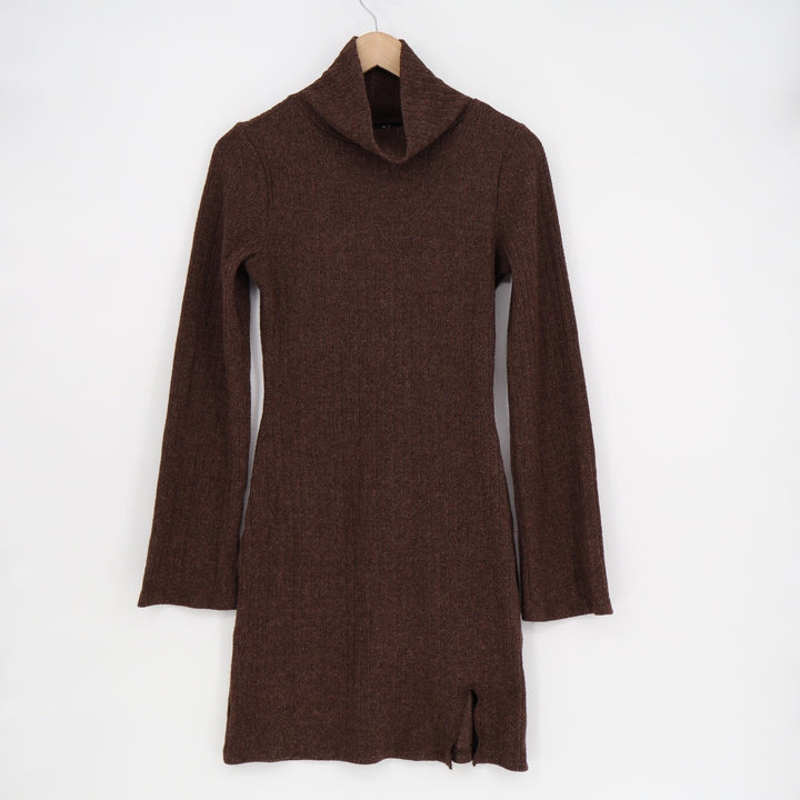 Gina Tricot Brown Turtleneck Ribbed Knit Mini Dress XS Long Bell Sleeve Slit