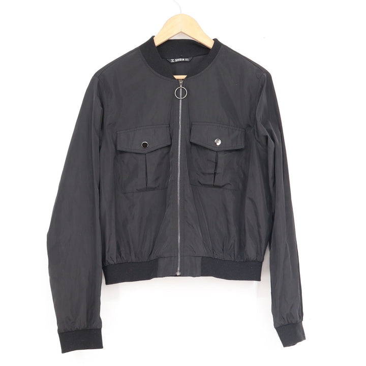 Shein Womens XL Black Full Zip Bomber Jacket Utility Chest Pockets