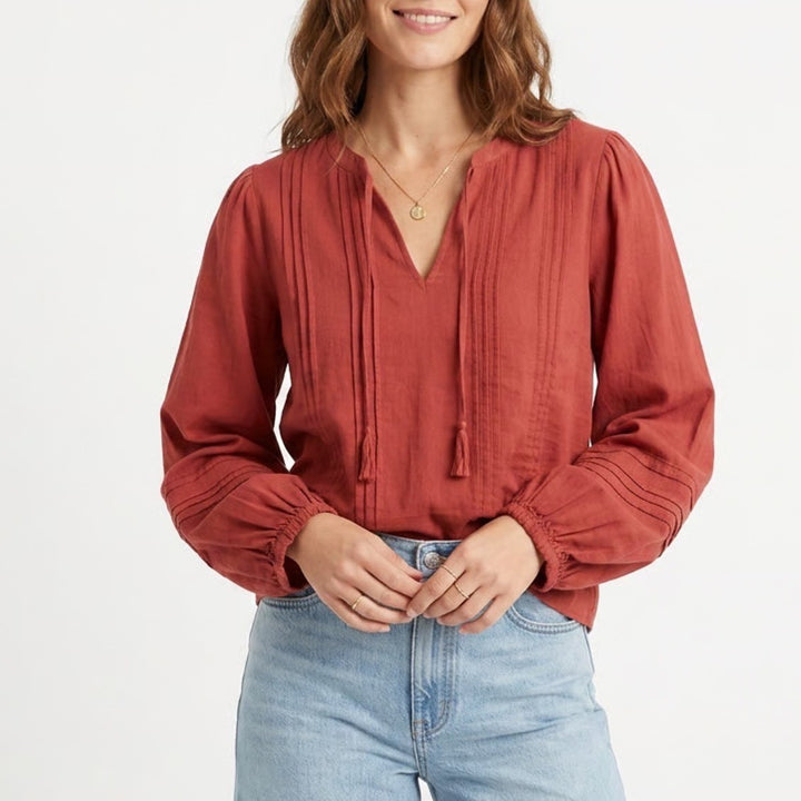Treasure & Bond Tunic Top Women Medium Orange Balloon Sleeve Split Neck Pullover