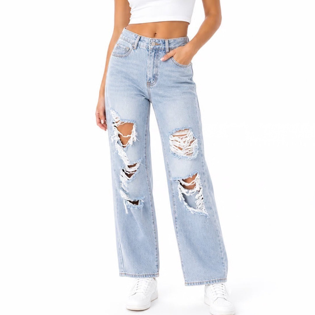 SHEIN Petite XS Distressed High Waisted Straight Leg Jeans Light Wash Blue