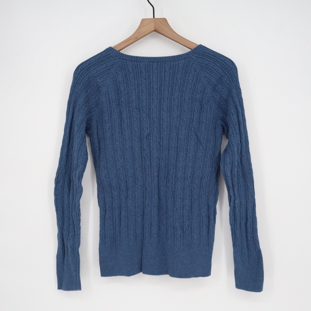 Lands End Sweater Womens XL Blue Cable Knit Cotton Round Neck Shoulder Button