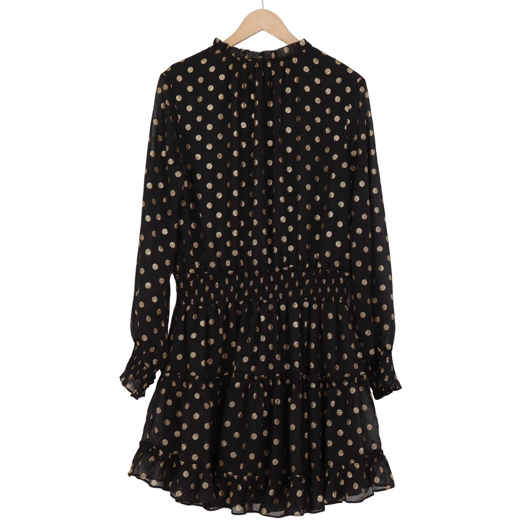Aeom Black Gold Metallic Polka Dot Smocked Tiered Mini Dress Large