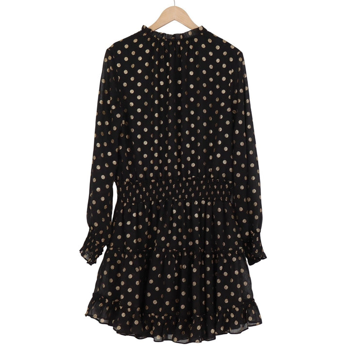 Aeom Black Gold Metallic Polka Dot Smocked Tiered Mini Dress Large