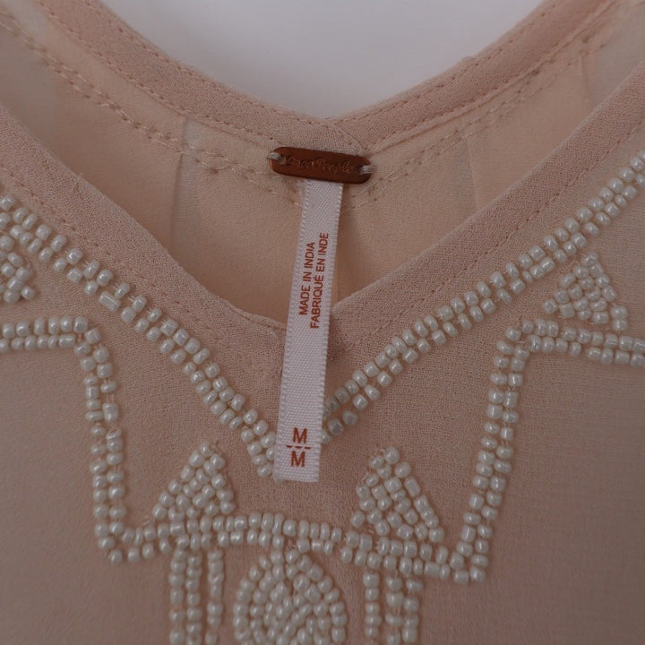 Free People Beaded V Neck Sleeveless Sheer Blouse Peach M