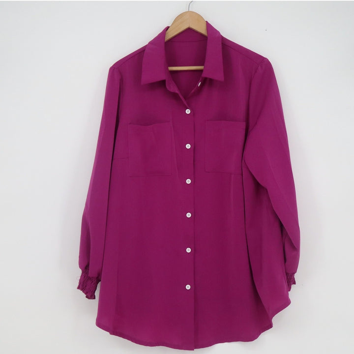 Shein Curve Magenta Long Sleeve Smocked Cuff Button Down Blouse Plus Size 1XL