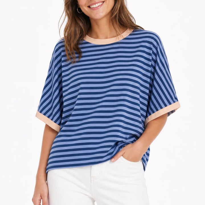 Blue Striped Ringer Tee Short Sleeve Relaxed Fit Boxy Crew Neck Top Small