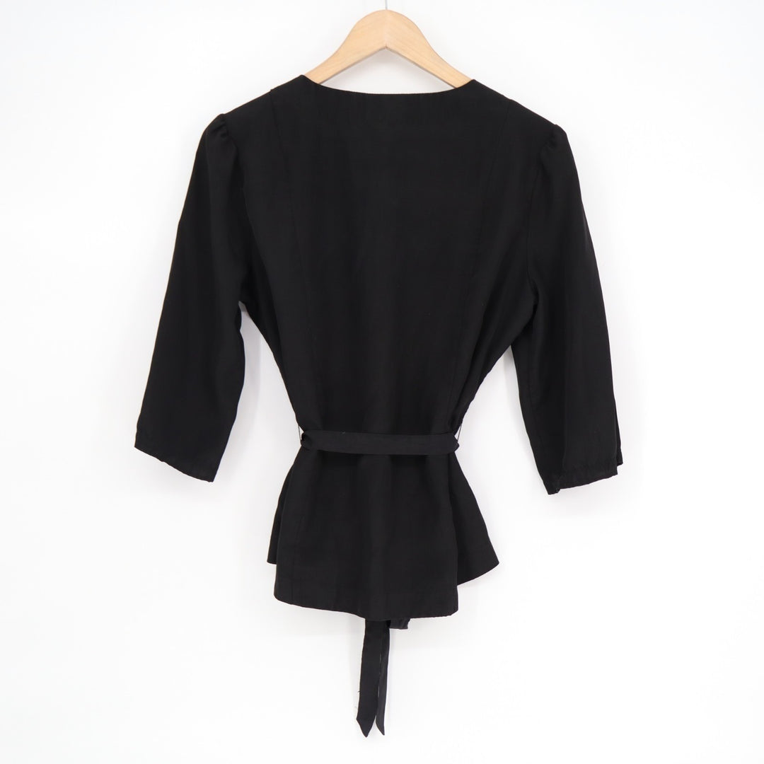 New York & Company Blouse Womens Medium Black Front Button 3/4 Sleeve Tie Waist