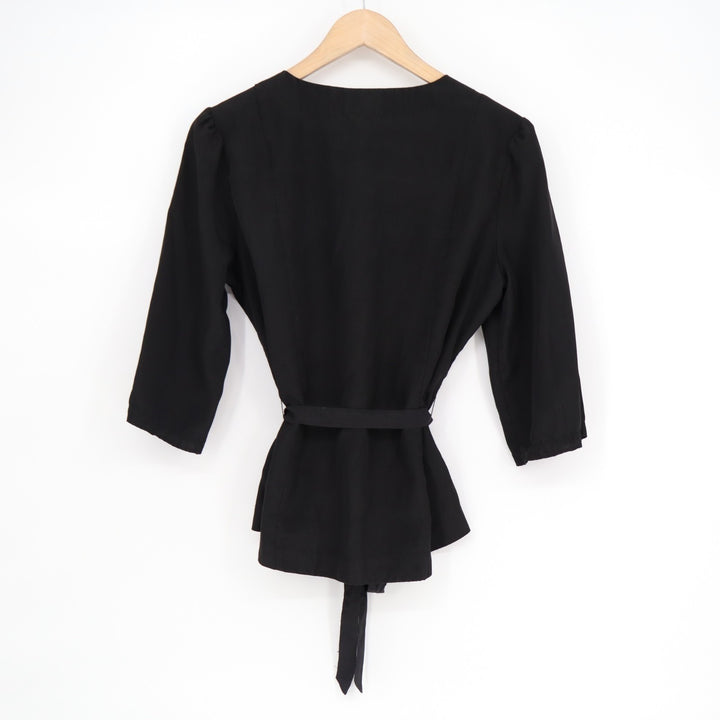 New York & Company Blouse Womens Medium Black Front Button 3/4 Sleeve Tie Waist