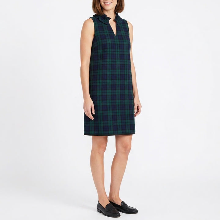 Vineyard Vines Black Plaid Ruffle Neck Sleeveless Shift Dress Green Blue 16
