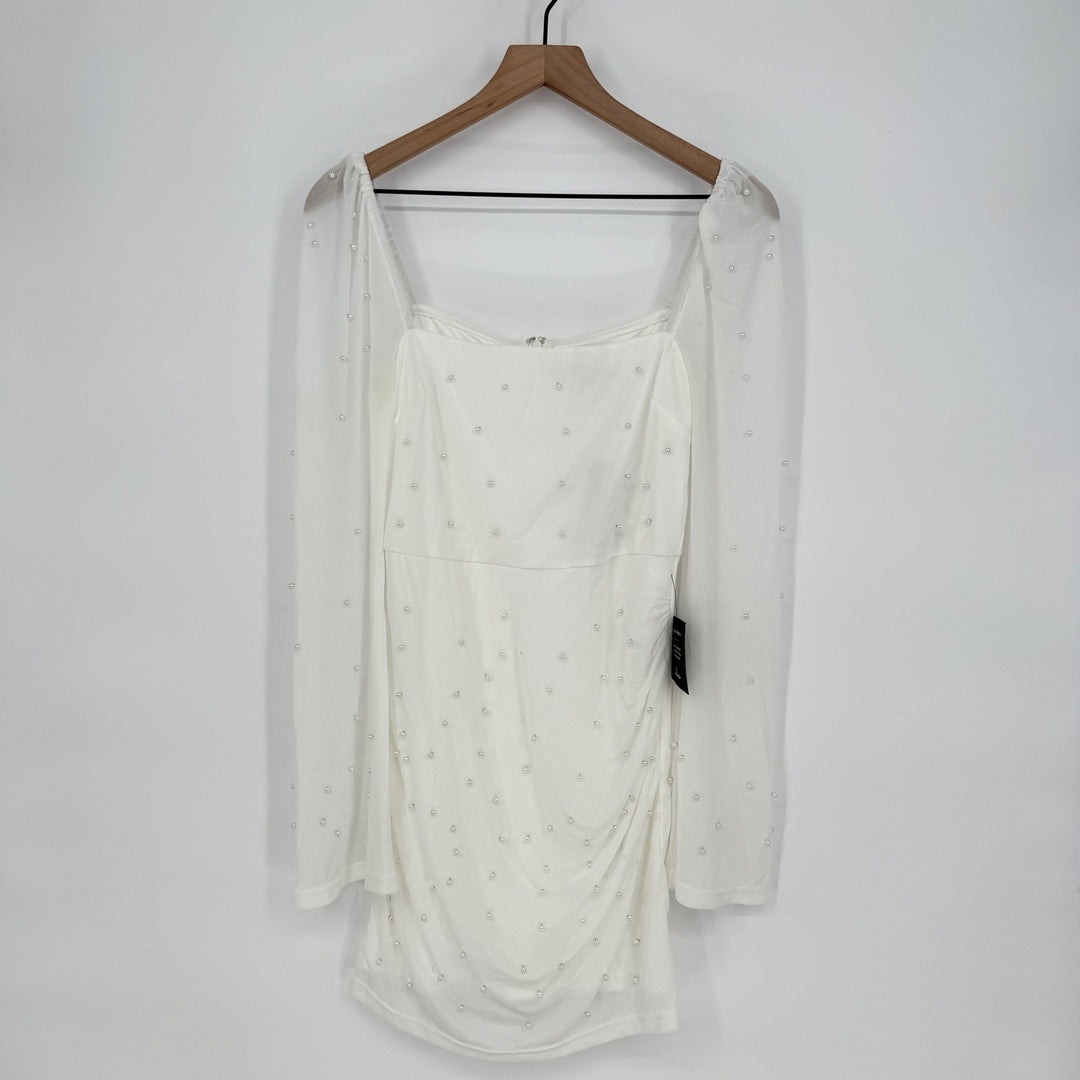 Lulus Admirably Divine White Mesh Pearl Long Sleeve Mini Dress Size M