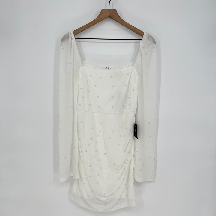 Lulus Admirably Divine White Mesh Pearl Long Sleeve Mini Dress Size M