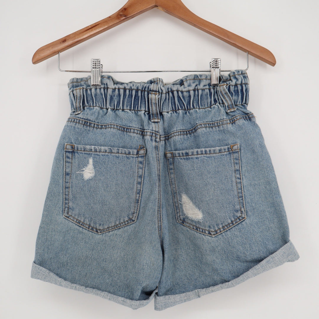 Forever 21 Womens Paperbag Waist Distressed Denim Shorts Light Wash Blue Size S
