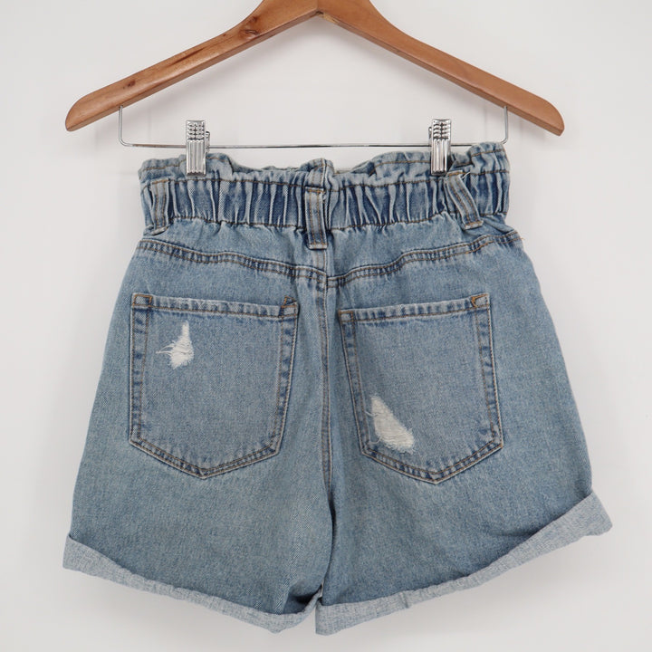 Forever 21 Womens Paperbag Waist Distressed Denim Shorts Light Wash Blue Size S