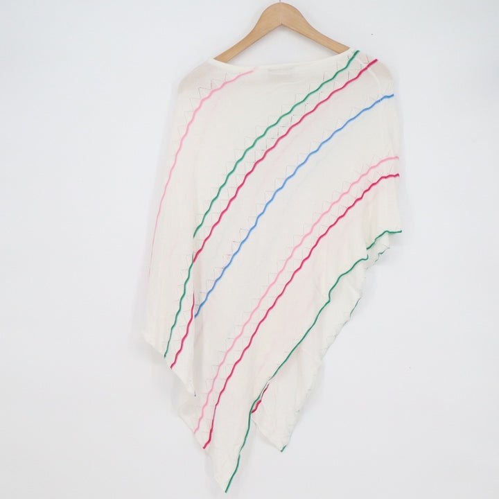Kerisma Womens Asymmetrical White Pointelle Knit Poncho Multi Color Wavy Stripe