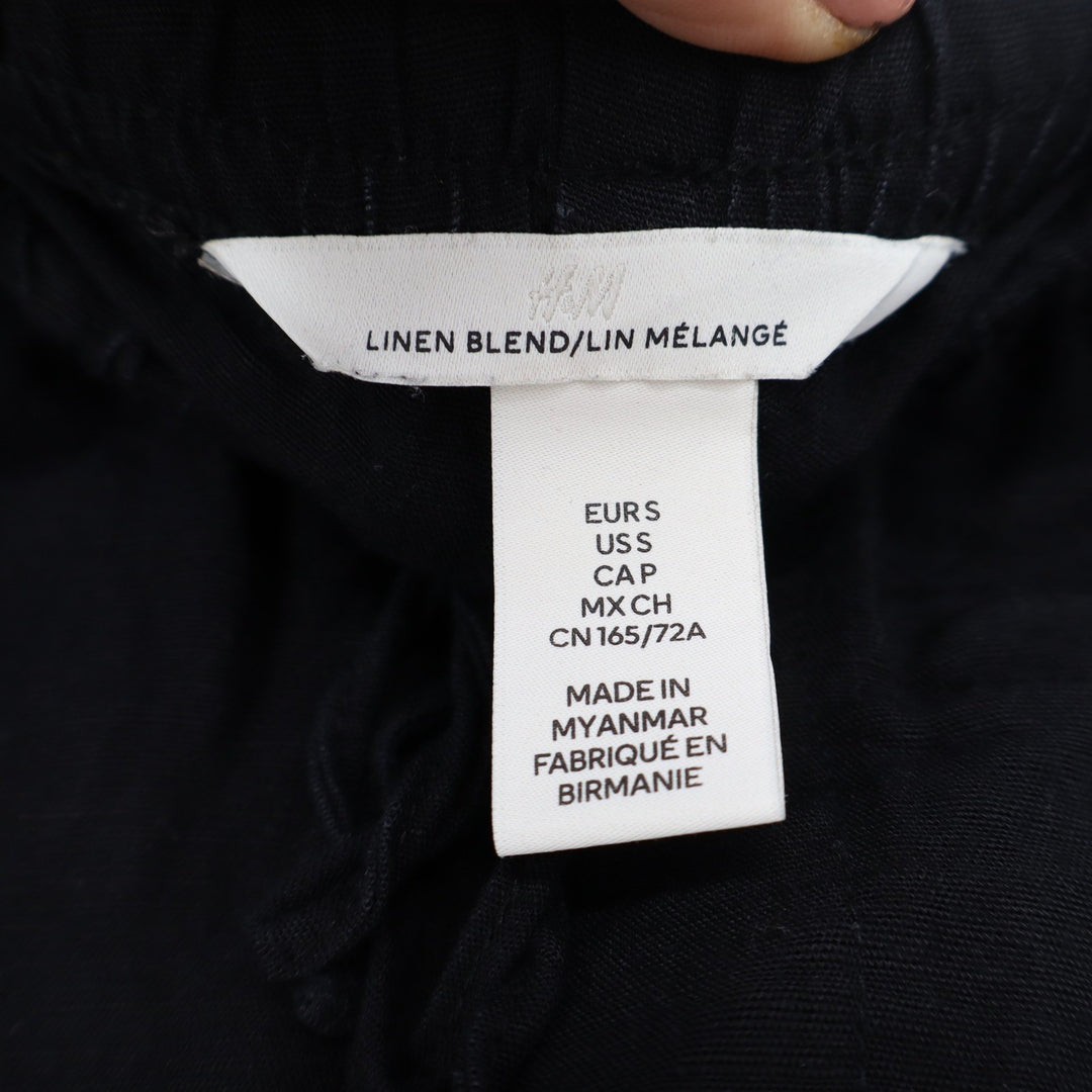 H&M Black Linen Blend Drawstring Elastic Waist Straight Leg Pants Small