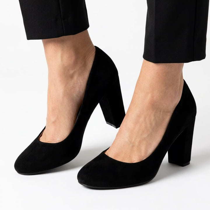 JustFab Lavinie Black Faux Suede Round Toe Block Heel Pumps Womens 8.5