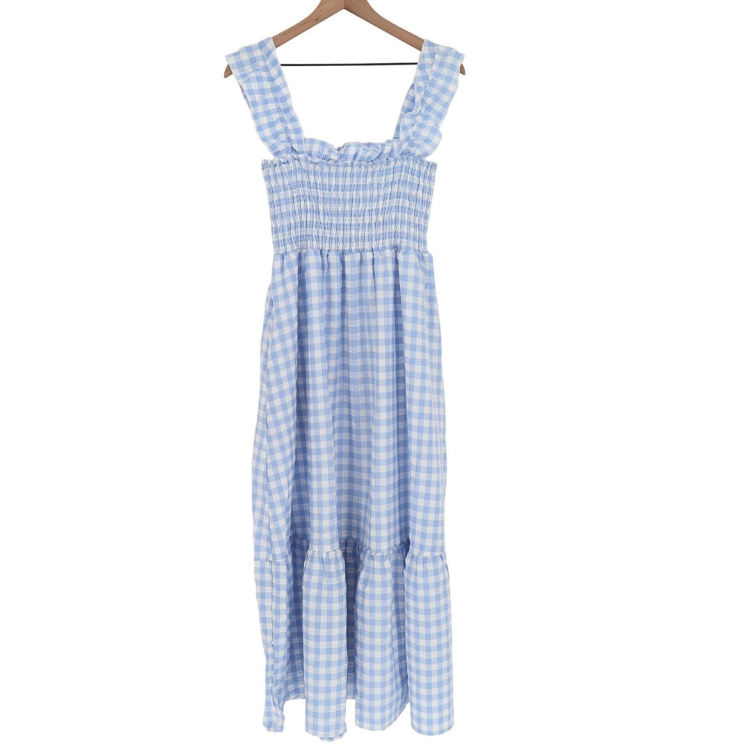 Blue White Gingham Smocked Midi Dress Ruffle Strap Tiered Sun Dress Medium